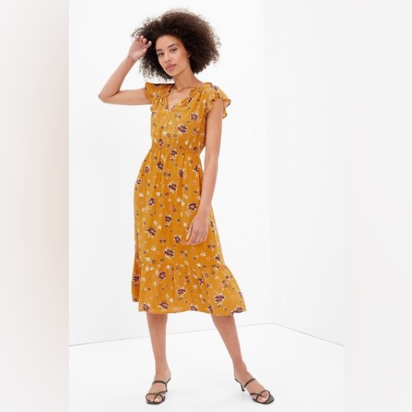 GAP Dresses & Skirts - Gap flutter sleeve tiered midi dress, golden yellow floral, small petite, EUC